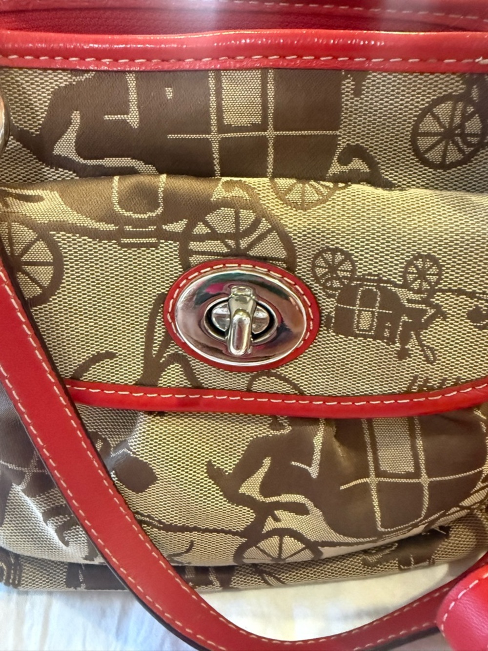 Coach Tan Signature Canvas Satchel with Red Leather Trim - Picture 2 of 9